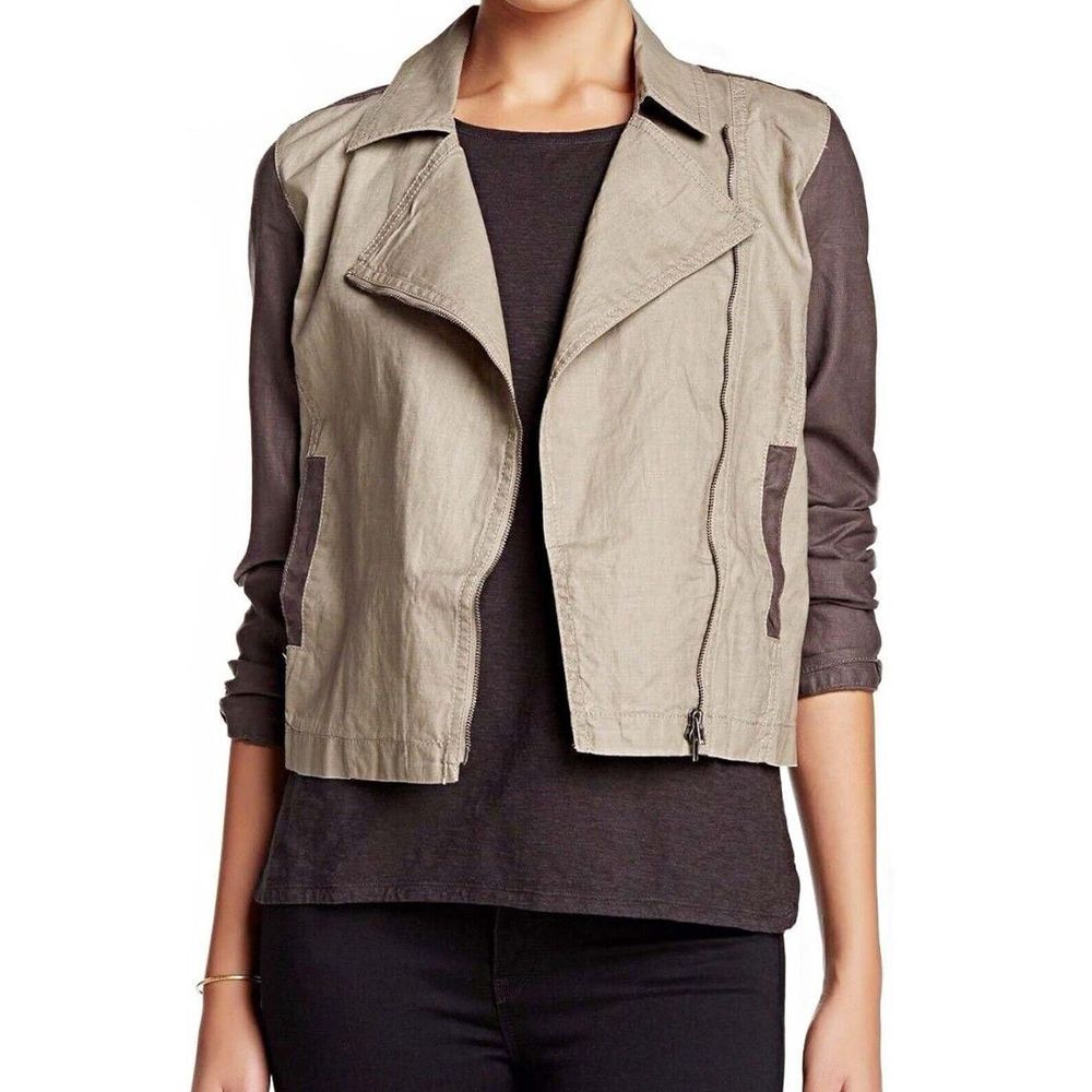 Eileen Fisher‎ Jacket Stone Coated Organic Linen Moto Asymmetrical Zip Large